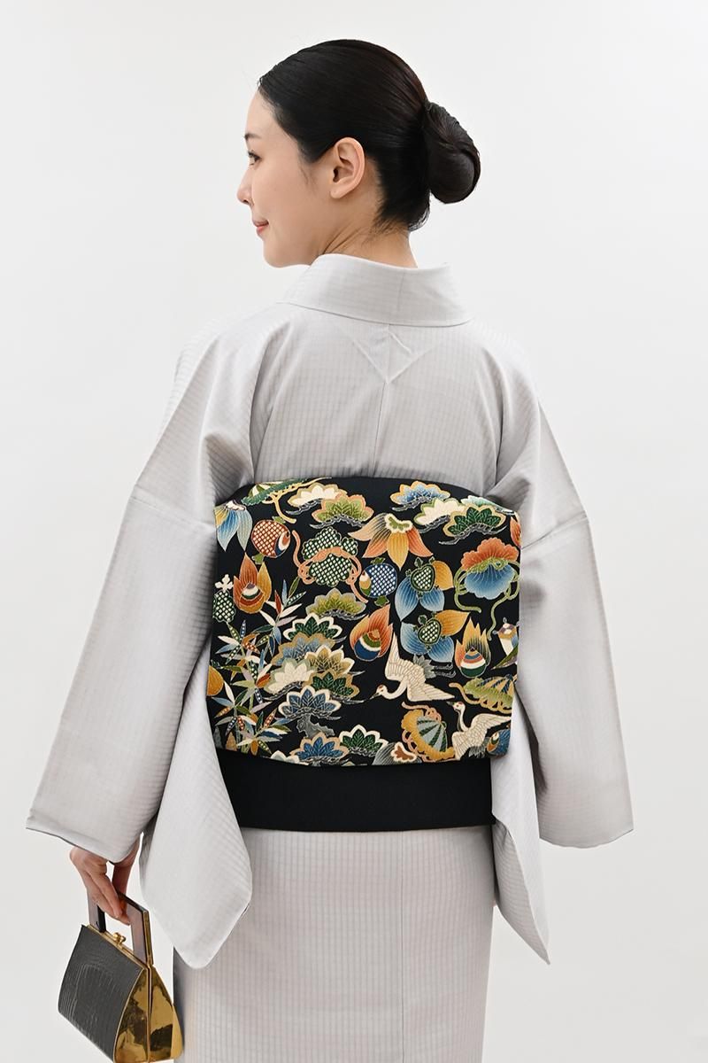 銀座【H-0917】縮緬地 染名古屋帯 黒色 吉祥文 - 銀座きもの青木｜長く