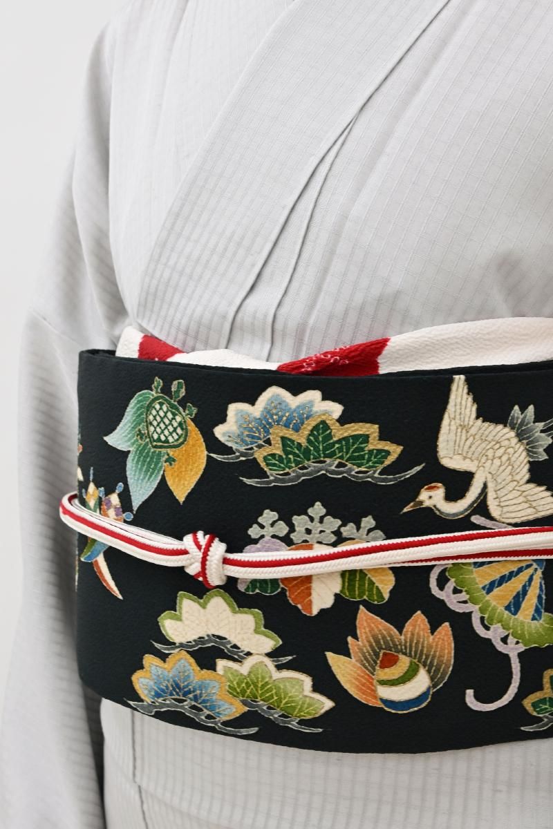 銀座【H-0917】縮緬地 染名古屋帯 黒色 吉祥文 - 銀座きもの青木｜長く