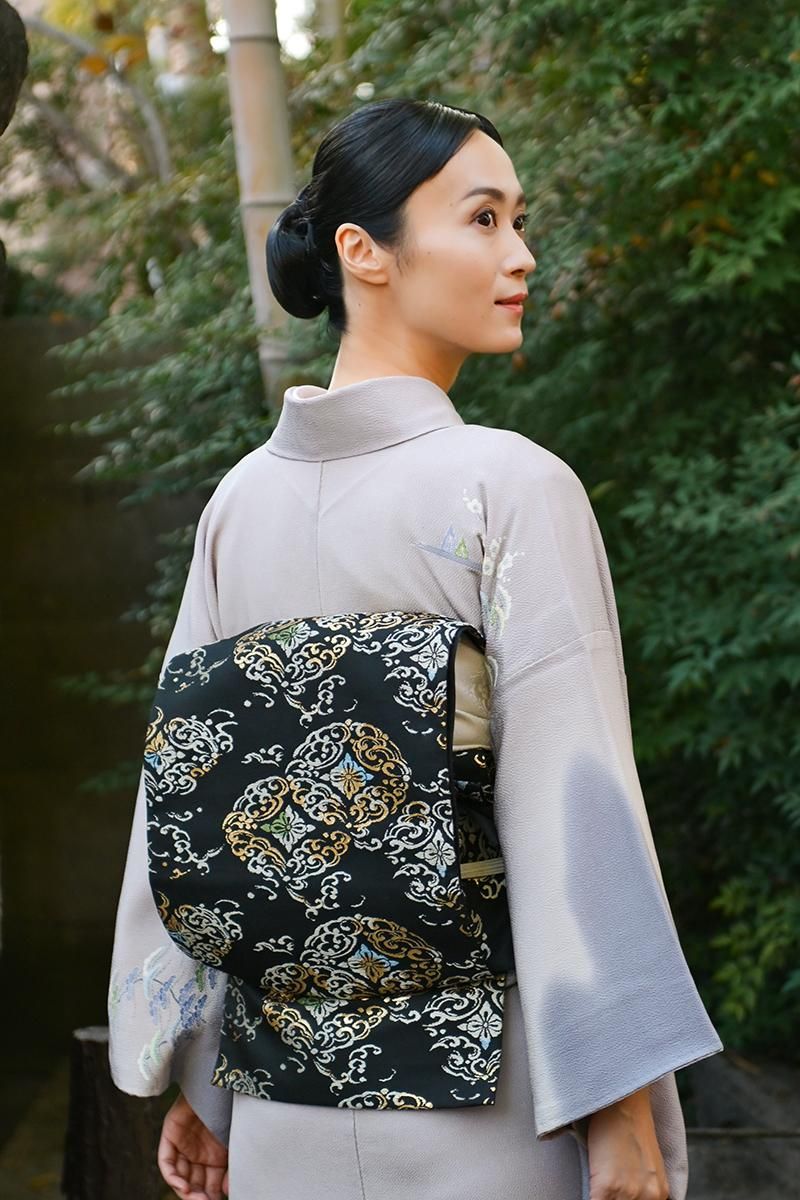 銀座【帯5880】西陣 龍村美術織物製 たつむら 本袋帯 黒色 銘「祥波