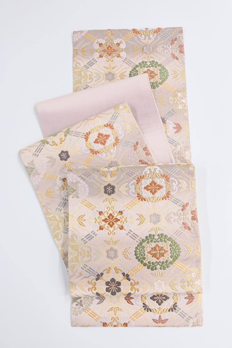 銀座【L-8655】袋帯 素色×牡丹鼠色 斜め格子に花菱文 - 銀座きもの青木