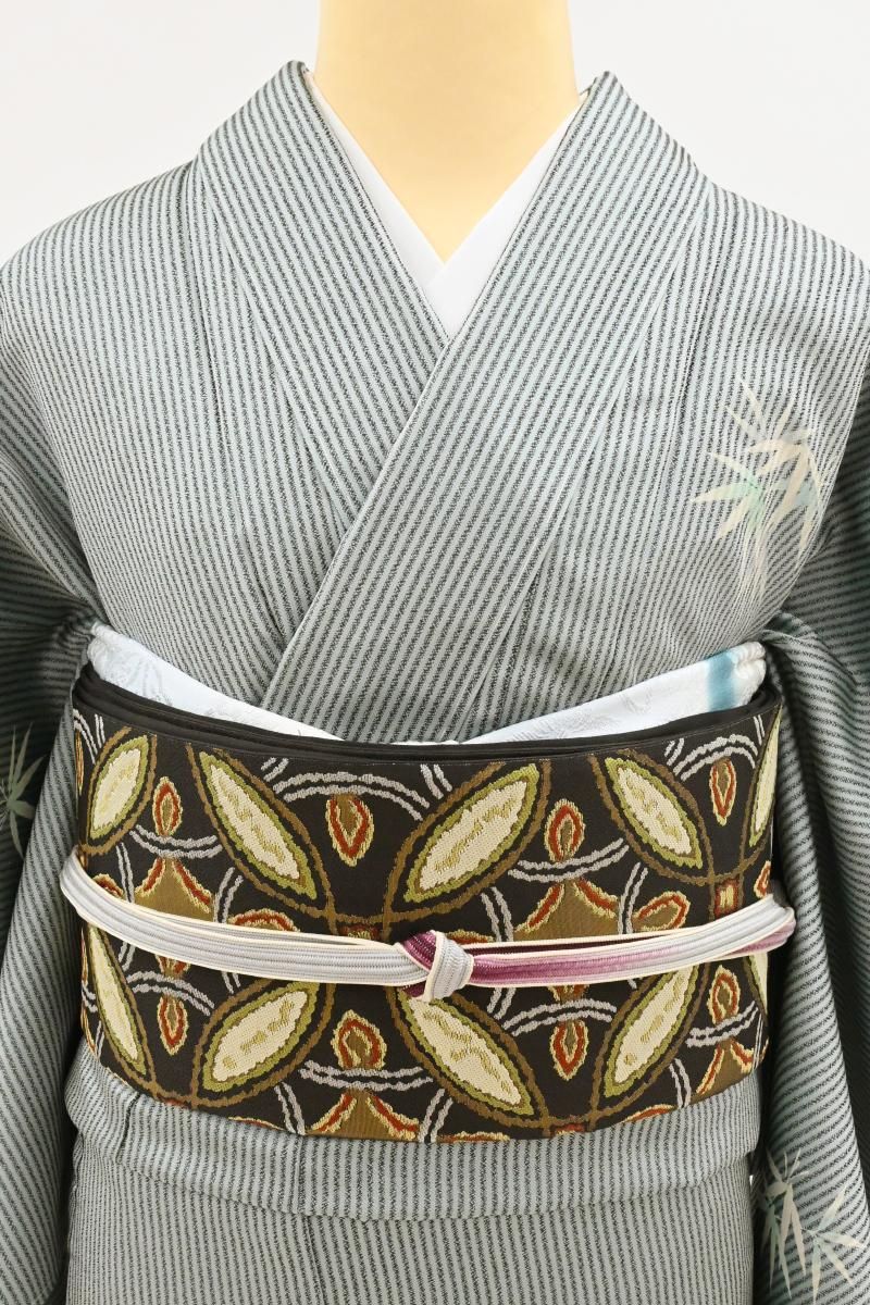 銀座【L-8689】西陣 本家加納製 袋帯 憲法黒茶色 七宝繋ぎ（落款入