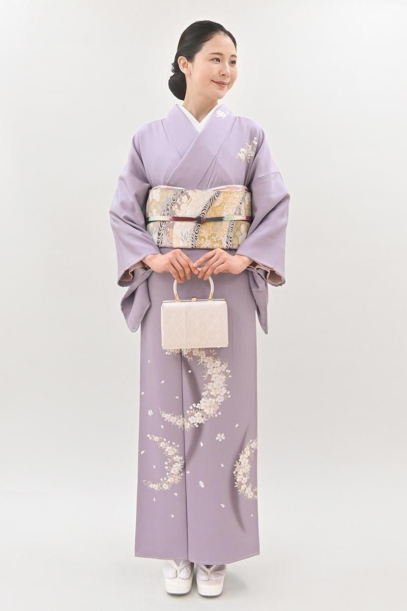 銀座【B-4436】刺繍 付下げ 淡藤色 桜の図（反端付）:身丈157/裄64