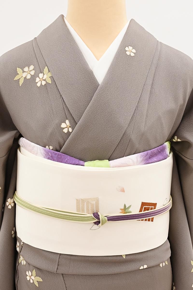 銀座【H-0984】塩瀬地 刺繍 名古屋帯 生成色 源氏香に桜楓文（高島屋