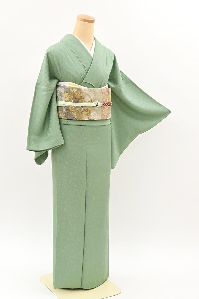 銀座【C-3433】繍一ッ紋 色無地 柳染色 桜の地紋:身丈159/裄68 - 銀座