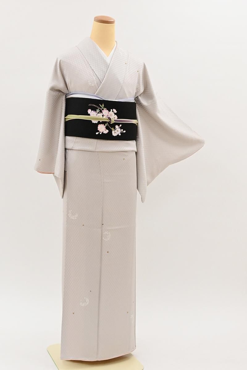 銀座【D-4010】刺繍 小紋 枯野色 桜文:身丈160/裄66 - 銀座きもの青木