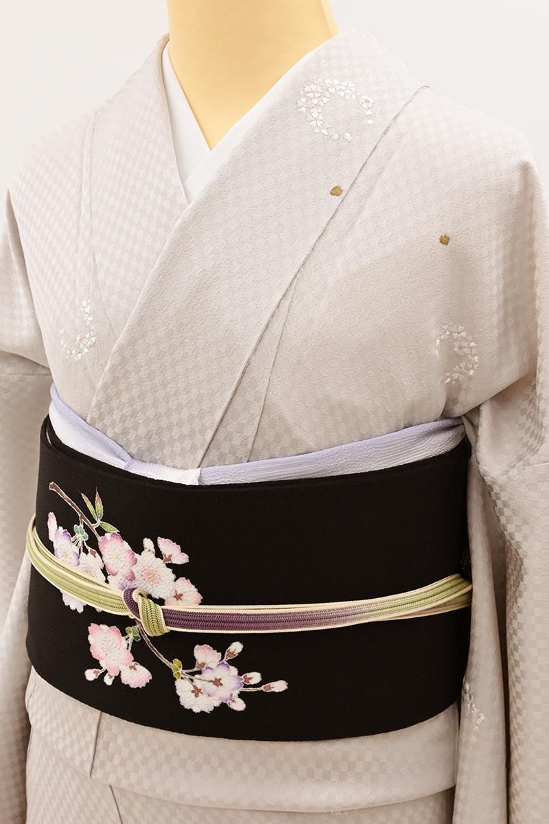 銀座【D-4010】刺繍 小紋 枯野色 桜文:身丈160/裄66 - 銀座きもの青木