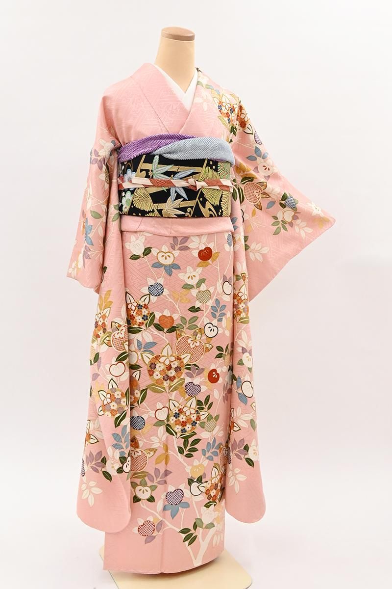 銀座【B-4459】振袖 淡い桃花色 橘文（長襦袢セット・西武扱い・落款入