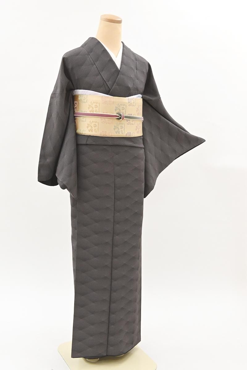 銀座【C-3446】伝統工芸士 保科土山作 江戸小紋 藤煤竹色 菱文（落款入