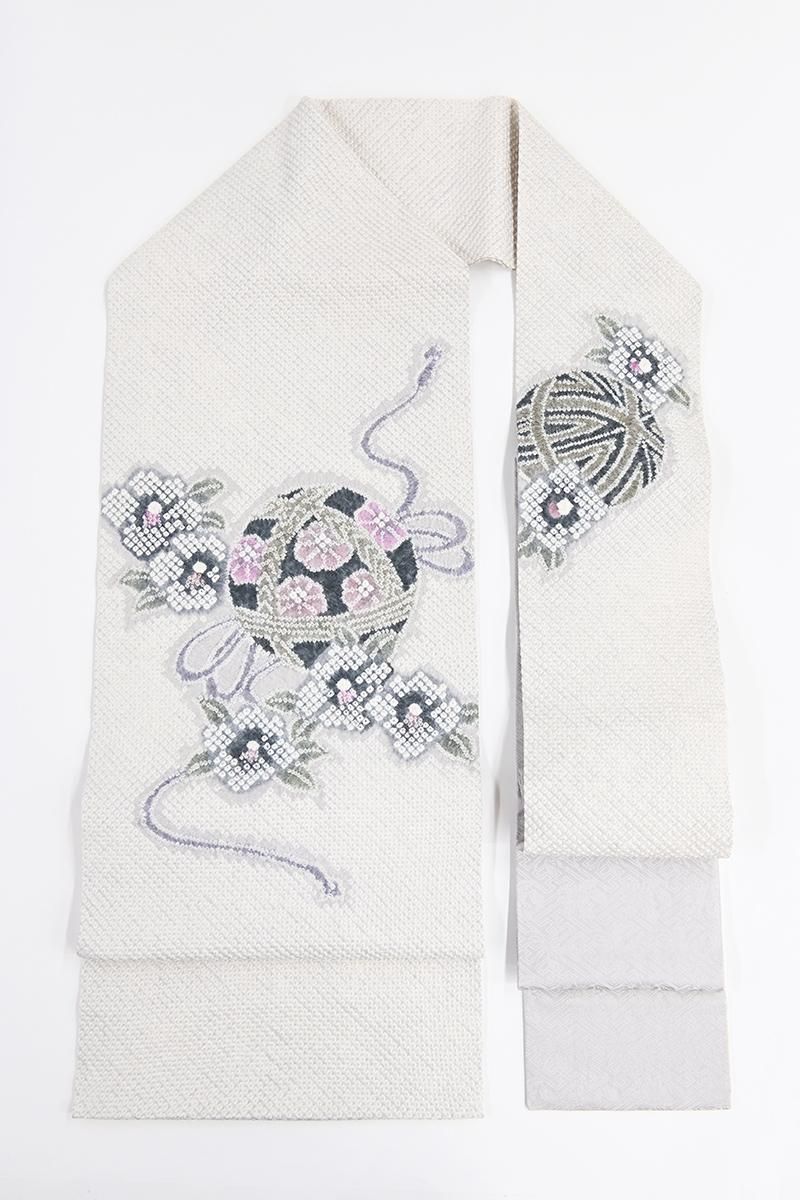 銀座【H-0974】藤娘 きぬたや製 絞り染め 名古屋帯 絹鼠色 手鞠や椿の