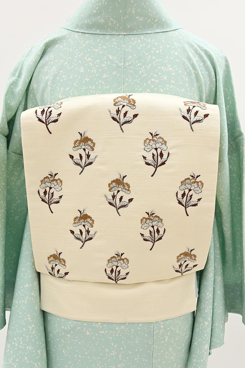 銀座【H-1025】西陣 秦流舎製 紬地 刺繍 名古屋帯 練色