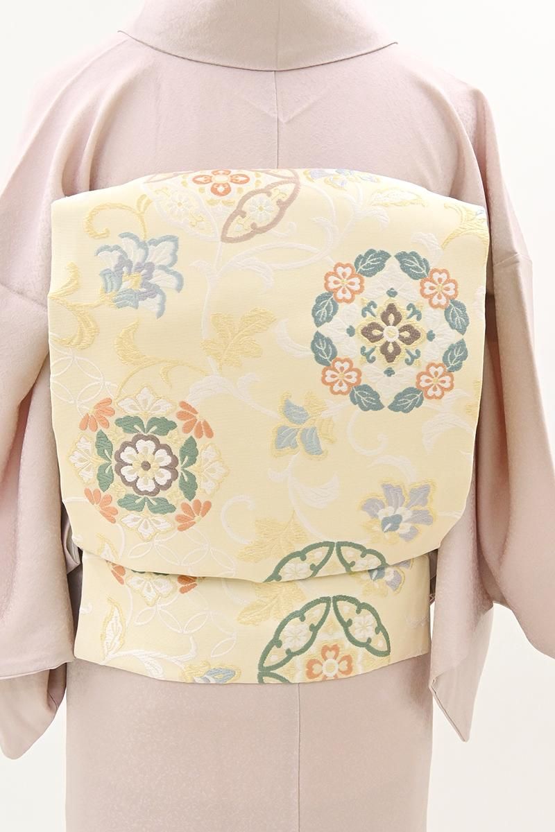 銀座【H-1043-1】西陣製 織名古屋帯 白練色 丸文や花唐草文（証紙付