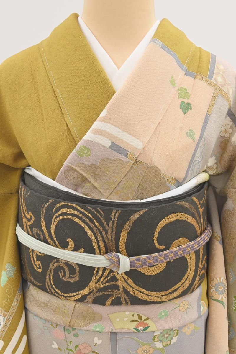 銀座【L-8778】西陣 織楽浅野製 袋帯 藍海松茶色 流水文 - 銀座きもの