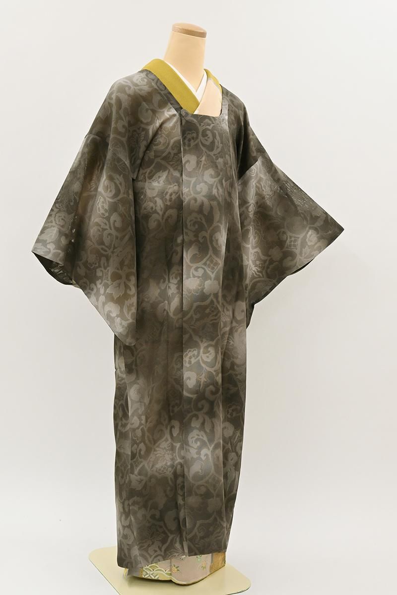 銀座【E-2443】紋紗 道行コート 媚茶色 鳳凰花唐草の地紋(反端付):身丈