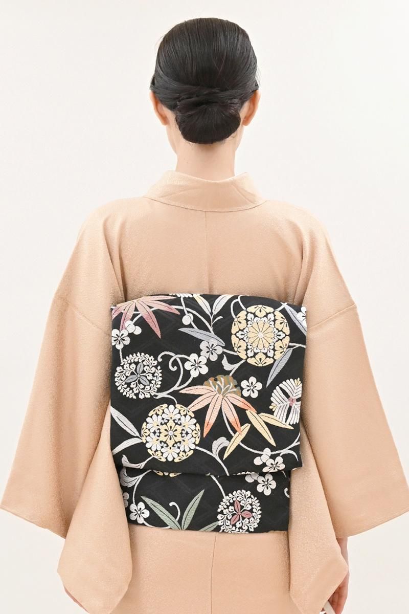 あおき【H-1005】西陣製 織名古屋帯 黒色 松竹梅など（証紙付）（N