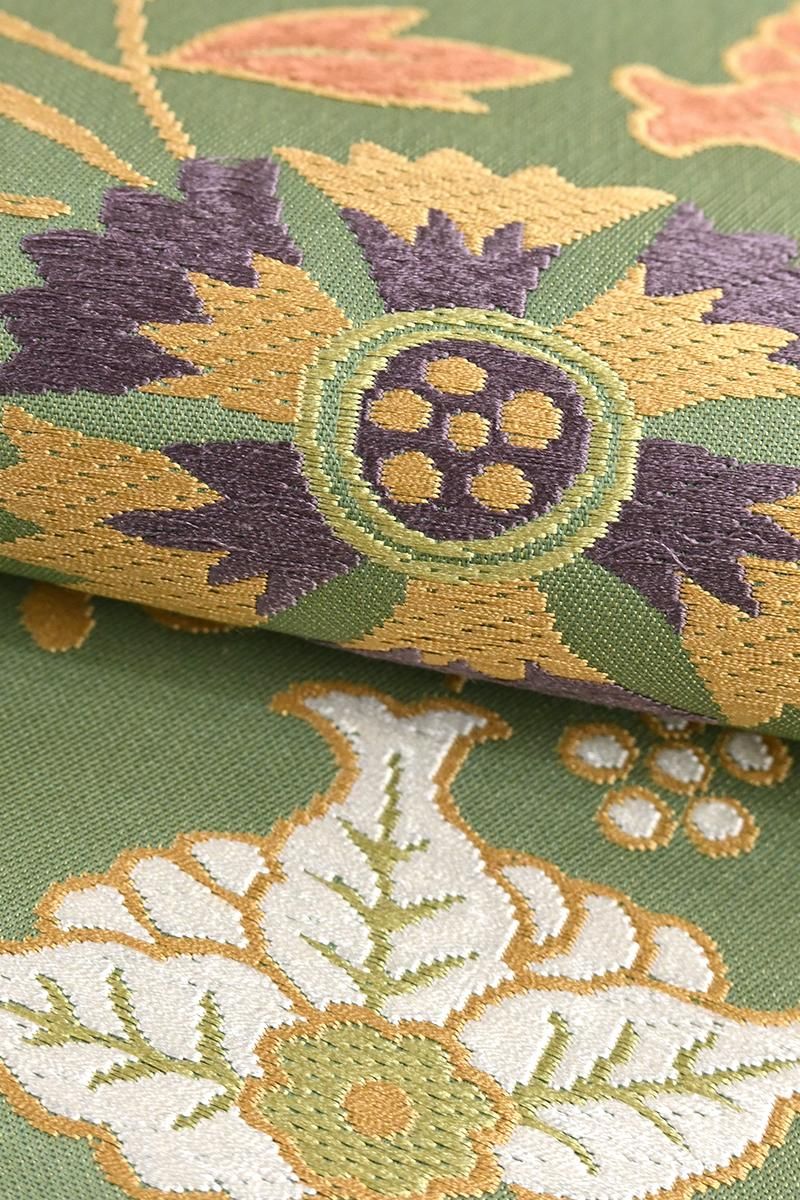 銀座【L-8748】人間国宝 喜多川俵二作 袋帯 青丹色 花唐草文 - 銀座