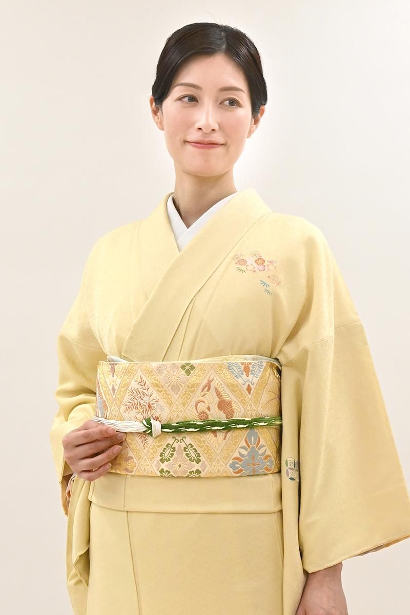 銀座【L-8749】西陣 川島織物製 本袋帯 白茶色 有職菱文（落款入