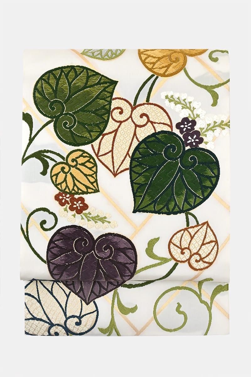 銀座【帯5939】西陣 織文意匠鈴木製 唐綾錦 袋帯「檜垣取葵文様