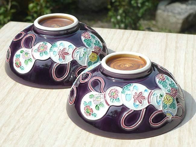 紫交趾六瓢夫婦茶碗 昇峰 - 京焼清水焼 松韻堂