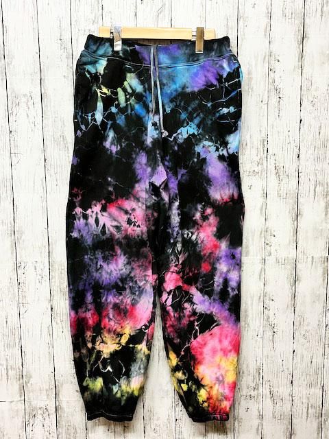タイダイ染め スウェットパンツ XLサイズ ブラック×カラフル ムラ染め