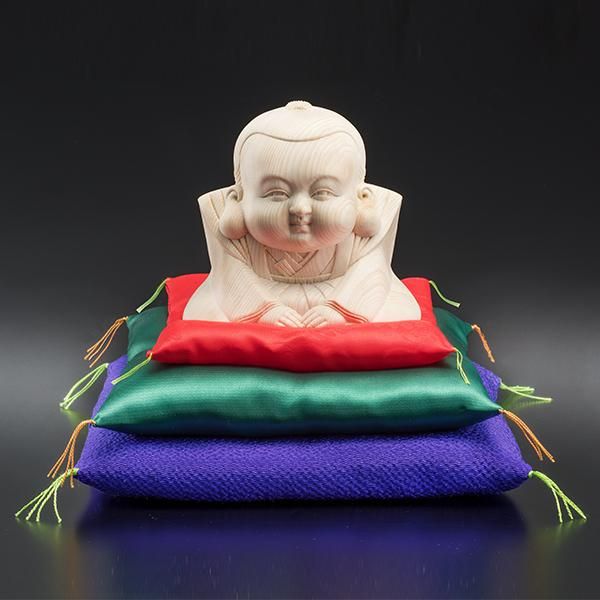 檜一杢彫り「だんだん福助」 座布団3枚付き ー 三宝堂オンラインショップ