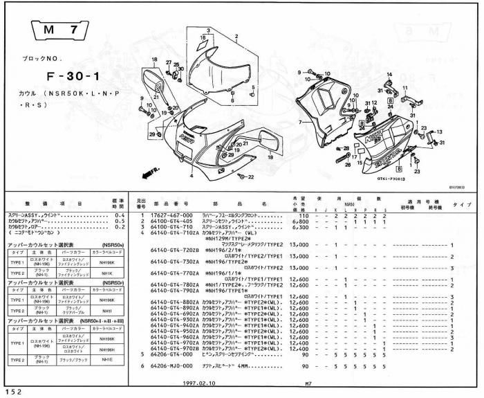 NSR50 ホンダ純正部品 ブロックNo,F-30-1 カウル ページ152、153、154