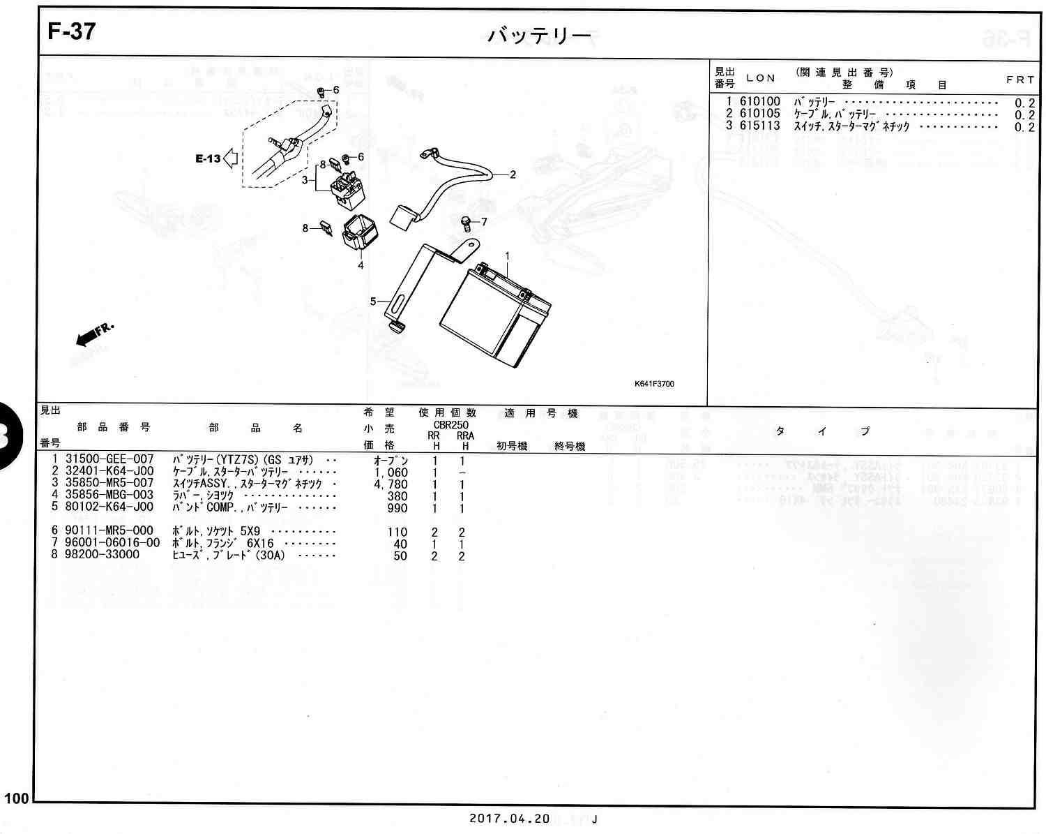 CBR250RR 17～ ホンダ純正部品 ブロックNo.F-37 バッテリー ページ100