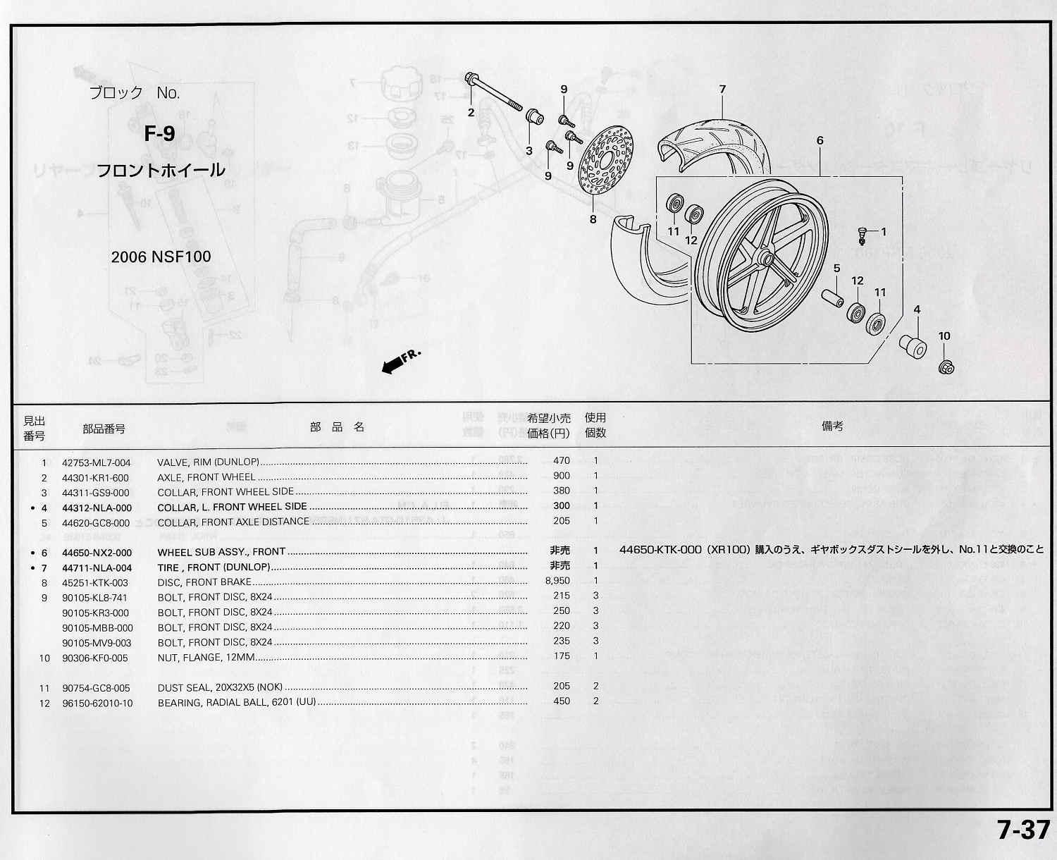 NSF100 ホンダ純正部品 ブロックNo.F-9 フロントホイール パーツリスト