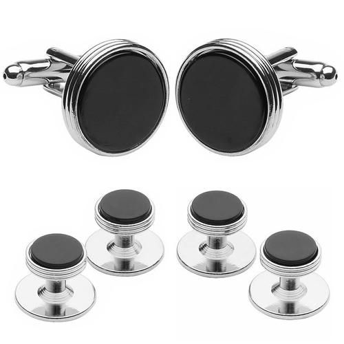 シルバー ライン オニキス カフス スタッドボタン セット - カフス