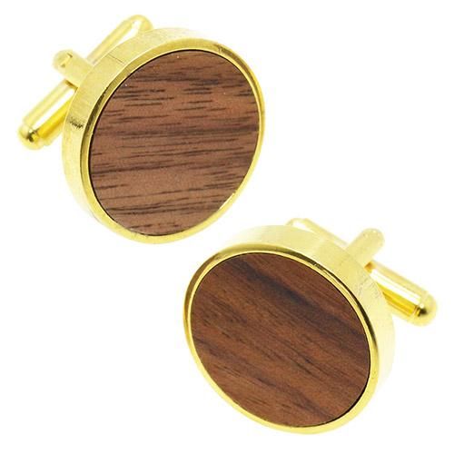 ゴールド ブラウン ラウンド ウッド 木製 カフス - カフスボタン