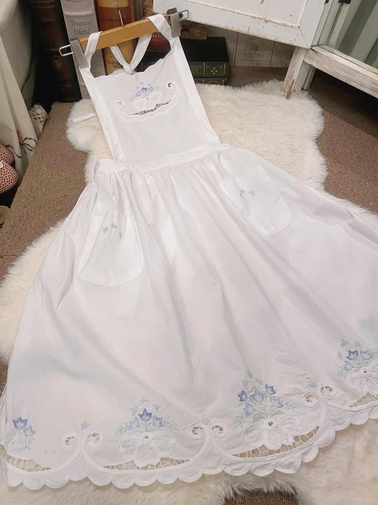 Vintage 刺繍入りコットンレースホワイトエプロン