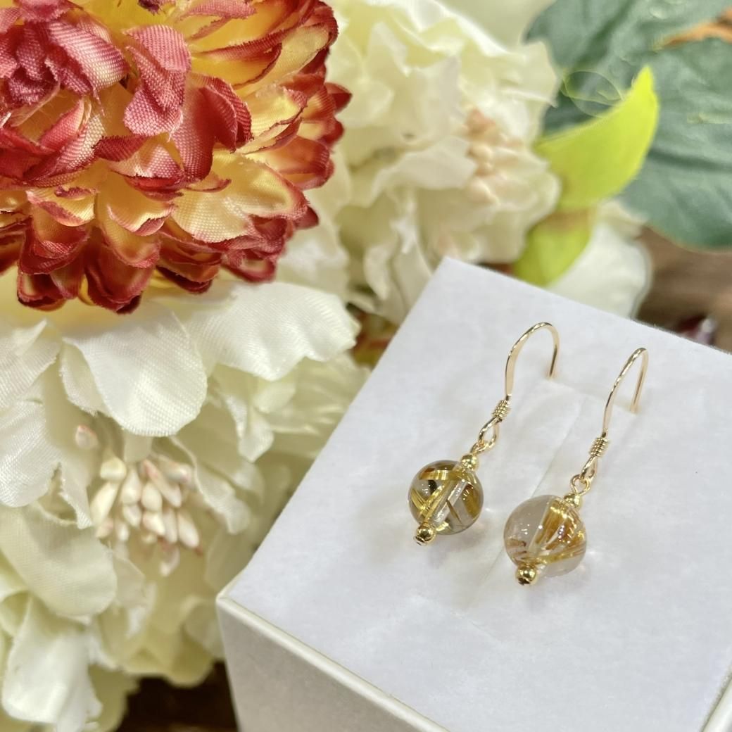 天然石ピアス（ゴールドルチルクォーツ 14KGF 7mm）#LP454