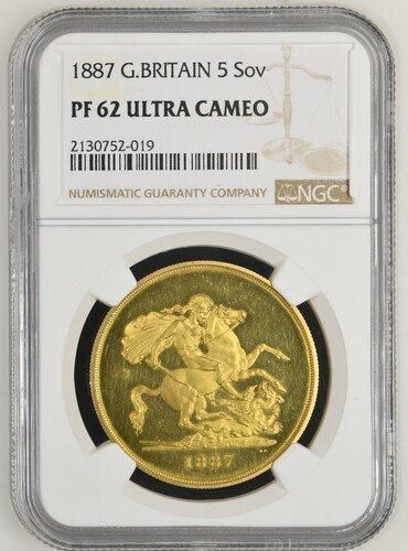 イギリス 1887 ビクトリア ジュビリーヘッド 5ポンド金貨 NGC PF62