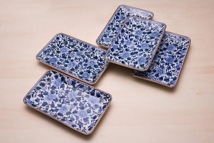 宮内庁御用窯】長角皿揃 色絵牡丹唐草/山本長左 （木箱入り） - 和食器