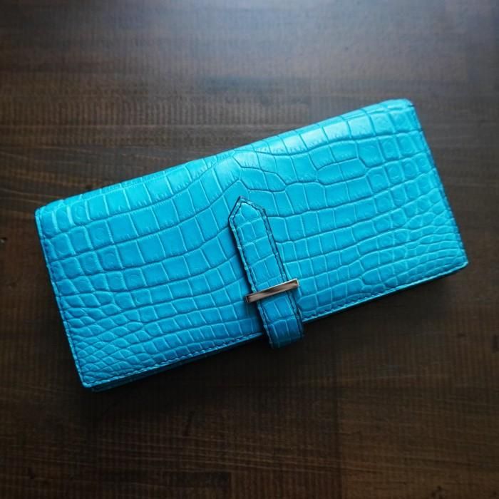 ナイルクロコダイル ターコイズブルー 薄型 二つ折り長財布(小銭入れ有)