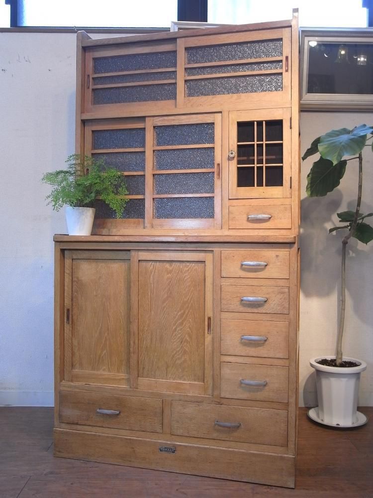 レトロ アンティーク ナチュラル 楢材の 水屋箪笥 キャビネット 食器棚