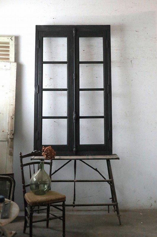 ダークシャビー アンティーク フランス ガラス窓 木枠付 クレモン錠