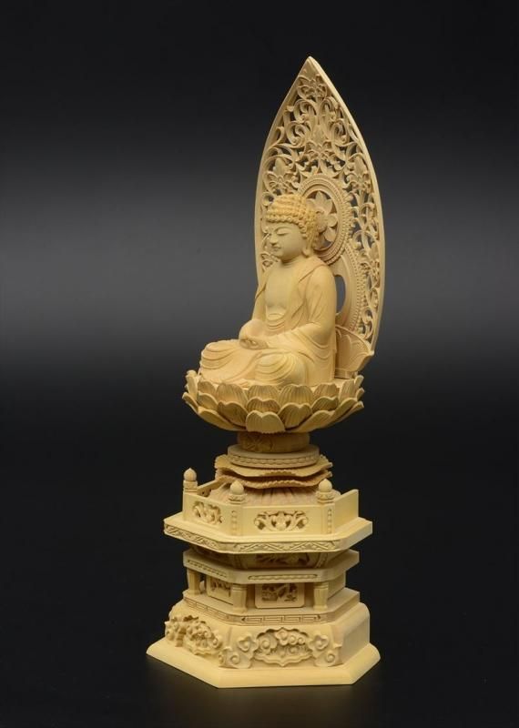 天台宗】柘植製 阿弥陀如来(座像/2寸) 六角台座 唐草光背 仏像 - 仏壇