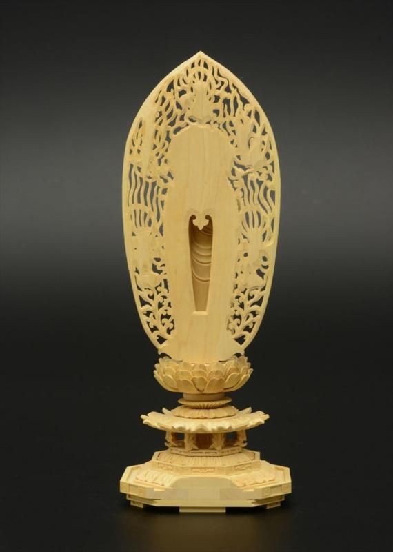 浄土宗・時宗】柘植製 舟立弥陀(立像/4寸) 八角台座 飛天光背 仏像