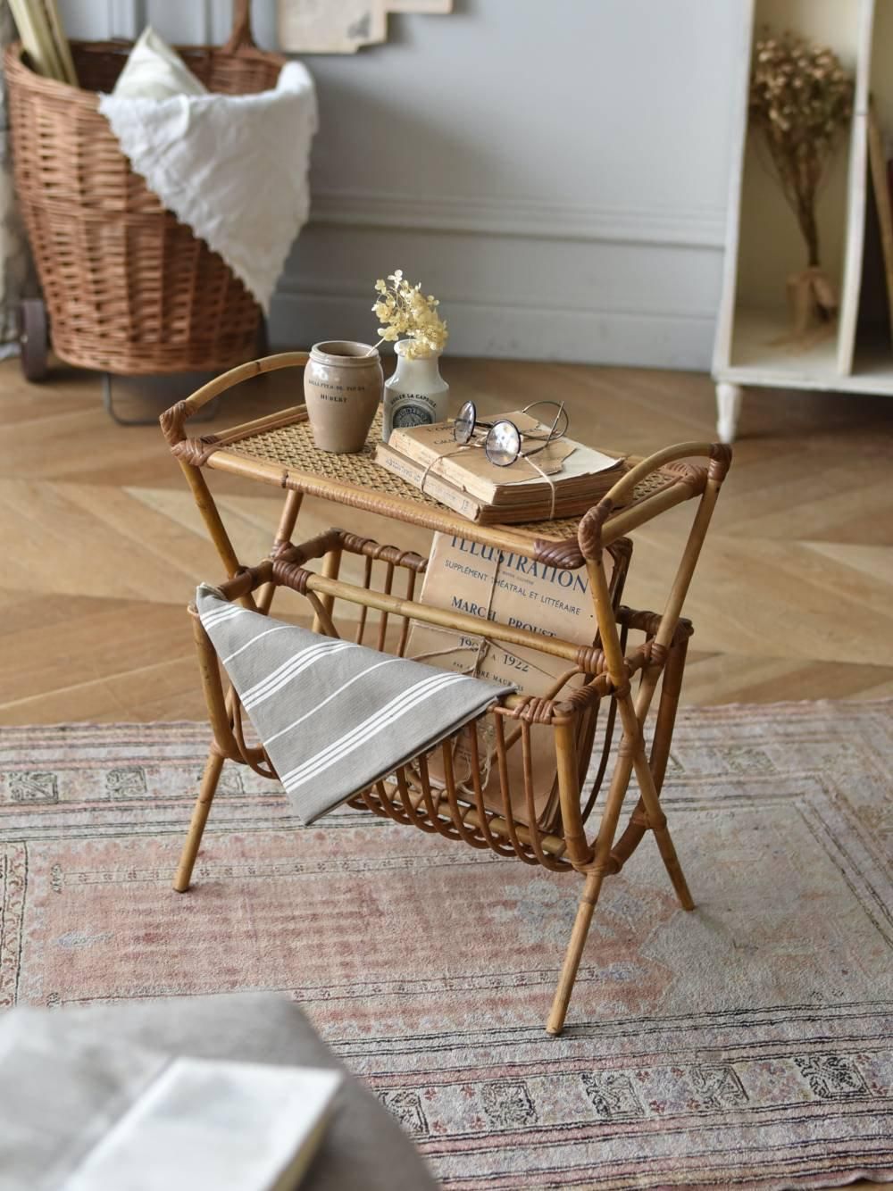 フランスヴィンテージ家具 マガジンラック.ラタン ナチュラルインテリア
