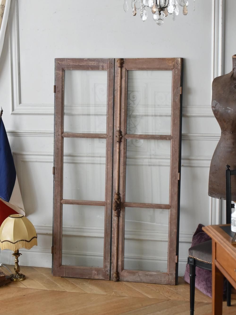 グレモン錠付き窓.16 フレンチガラス窓 アンティーク窓 木製窓