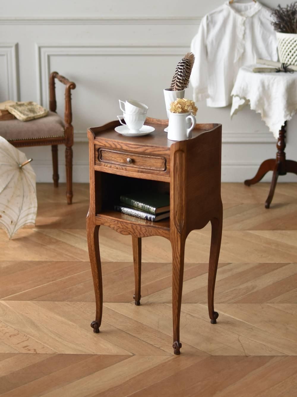 フランスアンティーク木製*大理石キャビネット/ナイトテーブル机(90-4