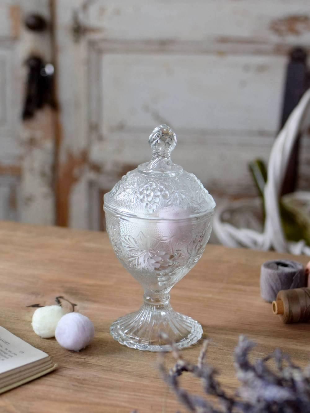 ♪フランスアンティーク リボンのガラスポットシュガーポットボンボ