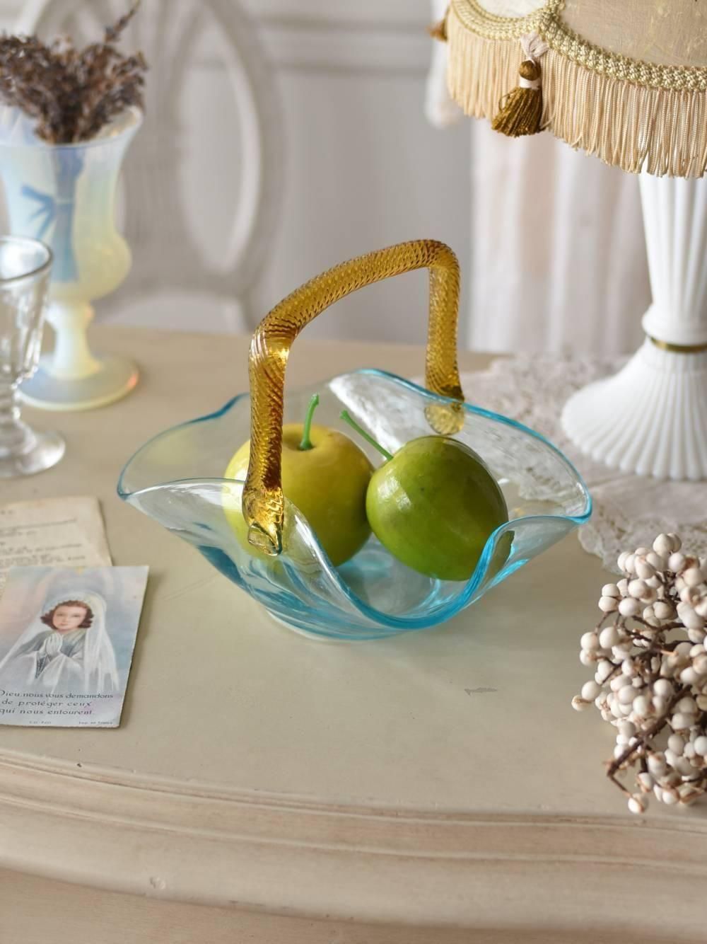 バスケット型小物入れ.ガラス2 フランスヴィンテージ雑貨 ディスプレイ