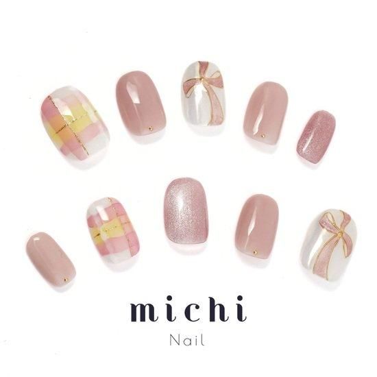 スプリングチェックリボンピンクネイル- ネイルチップ専門店ミチネイル