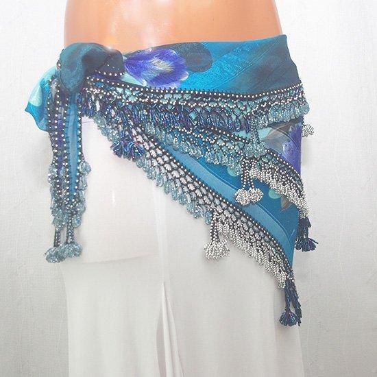 エジプト製ビーズタッセルヒップスカーフ【カラー：アクアブルー