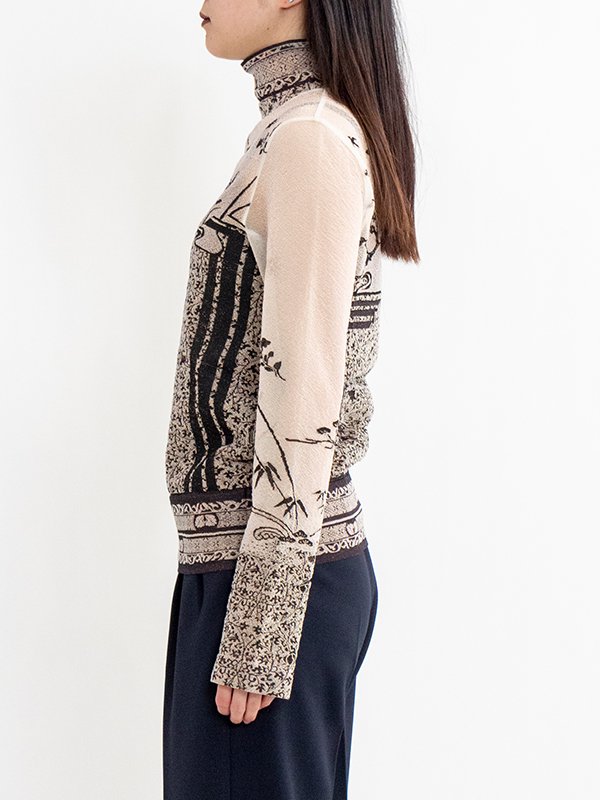 Nature Pattern Sheer Knitted High Neck Top-ネーチャーパターン