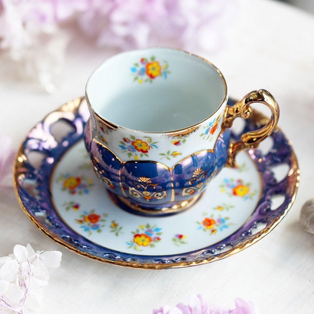 レトロ金彩花柄青色カップ&ソーサー - 海福雑貨通販部
