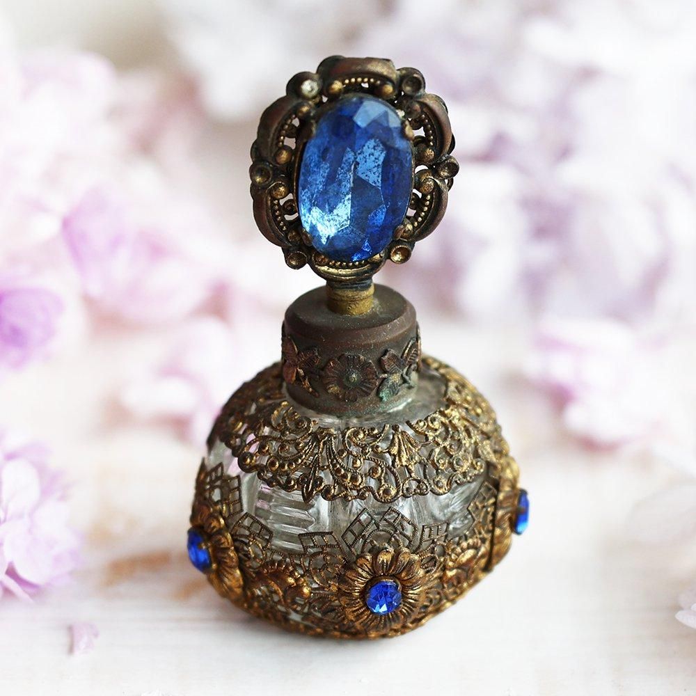 青硝子のアンティーク装飾香水瓶（備考有）- 海福雑貨通販部