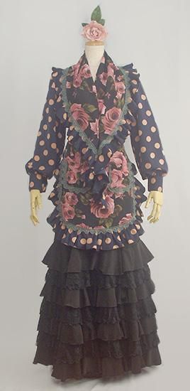 ポケット付きエプロン＆ピキージョセット ブラック×ネイビー 薔薇柄