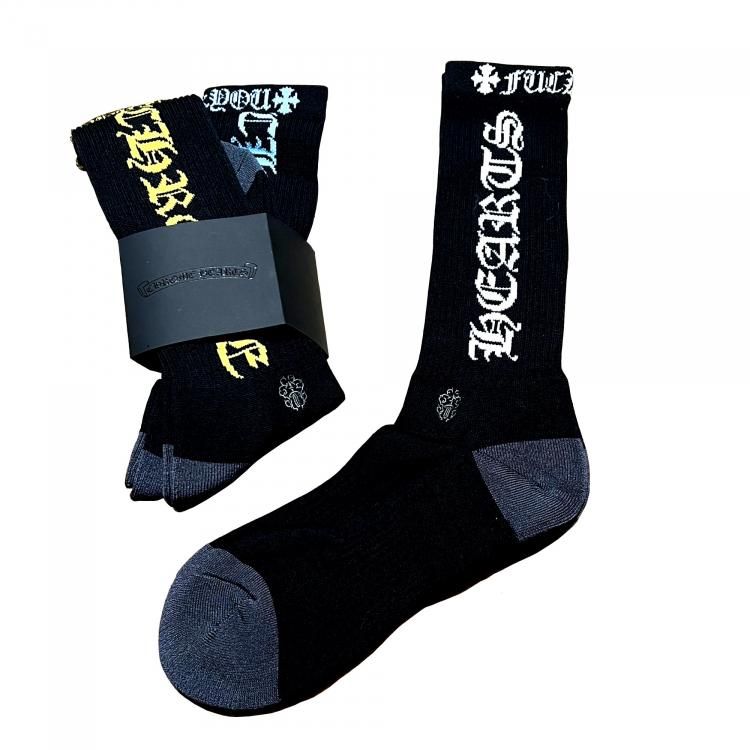 クロムハーツ CHROME HEARTS 靴下 3色セット 黒地に白/黄色/青 Socks